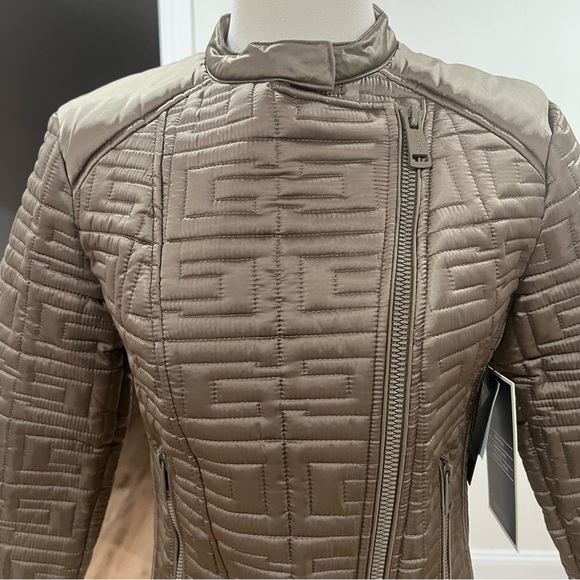 GUESS Quilted Metallic Satin Moto Jacket Desert Green Cropped XS - Picture 11 of 17